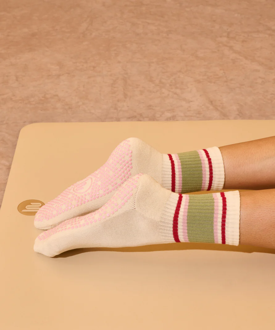 Crew Non Slip Grip Socks - Stripe Vanilla & Sage