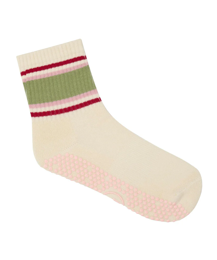 Crew Non Slip Grip Socks - Stripe Vanilla & Sage